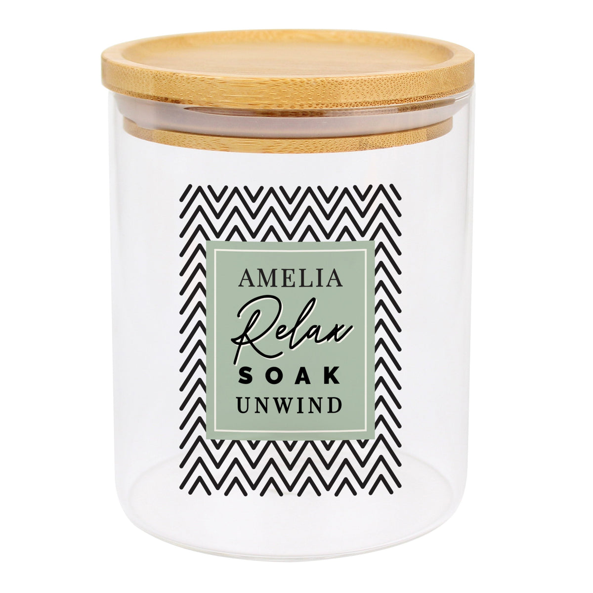 Personalised Relax Soak Unwind Glass Jar With Bamboo Lid