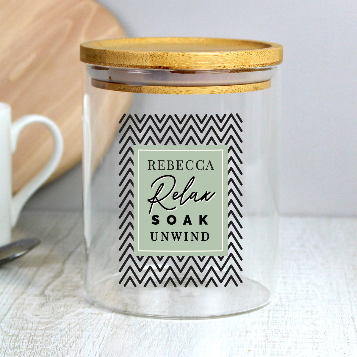 Personalised Relax Soak Unwind Glass Jar With Bamboo Lid