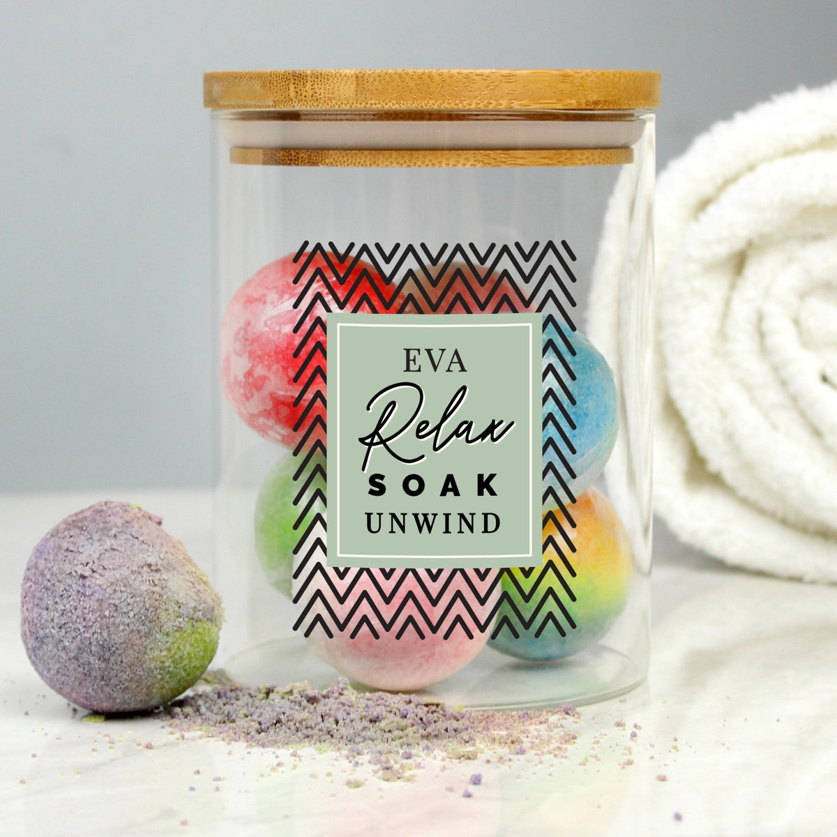 Personalised Relax Soak Unwind Glass Jar With Bamboo Lid