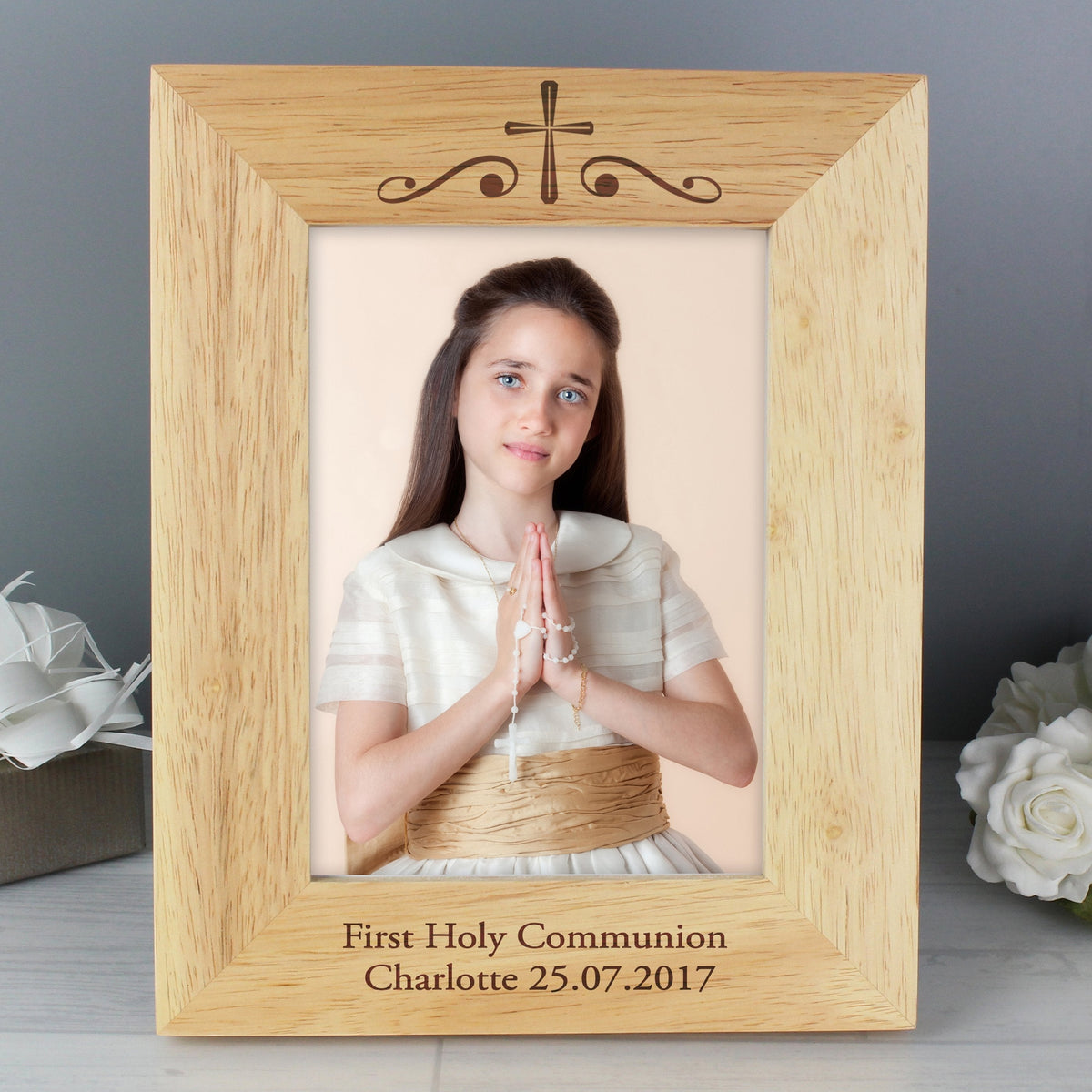 Personalised Religious Swirl 5x7 Inch Wooden Photo Frame
