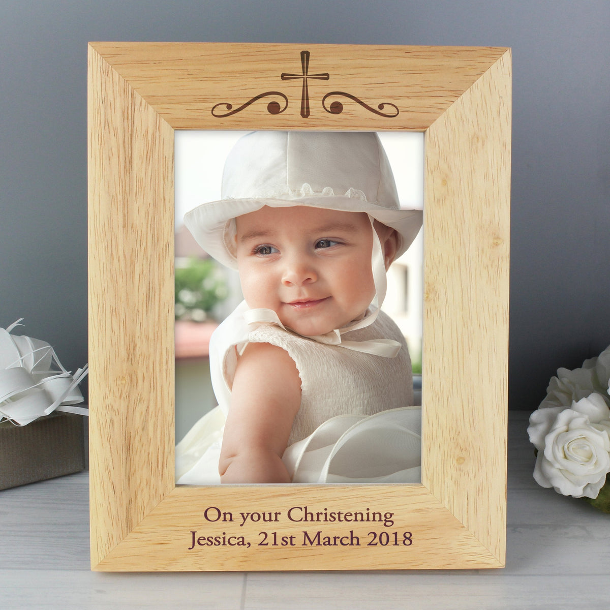Personalised Religious Swirl 5x7 Inch Wooden Photo Frame