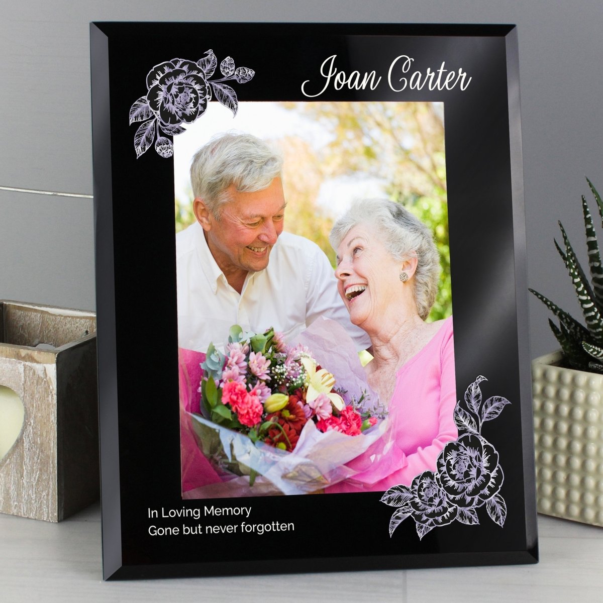 Personalised Rose Sketch 5x7 Inch Black Glass Photo Frame