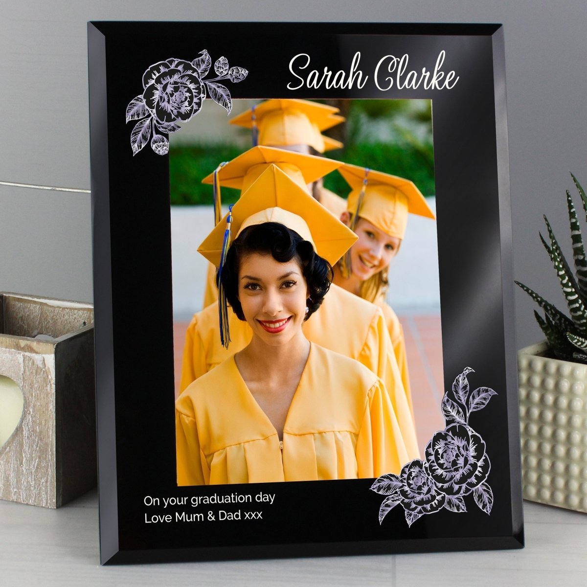 Personalised Rose Sketch 5x7 Inch Black Glass Photo Frame