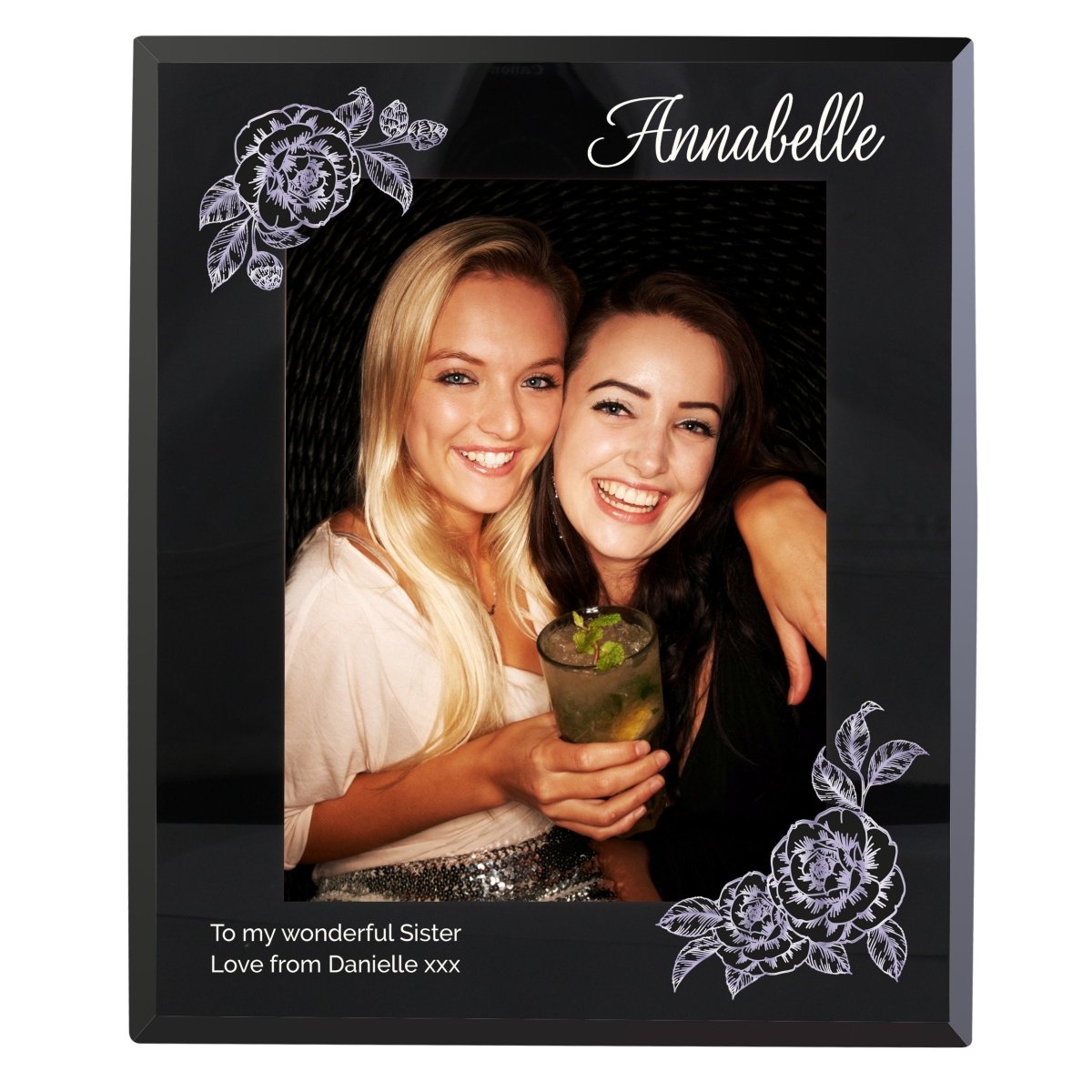 Personalised Rose Sketch 5x7 Inch Black Glass Photo Frame
