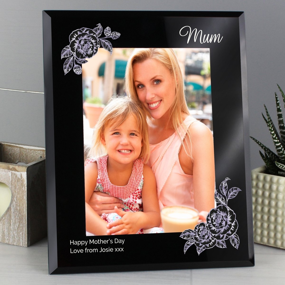 Personalised Rose Sketch 5x7 Inch Black Glass Photo Frame