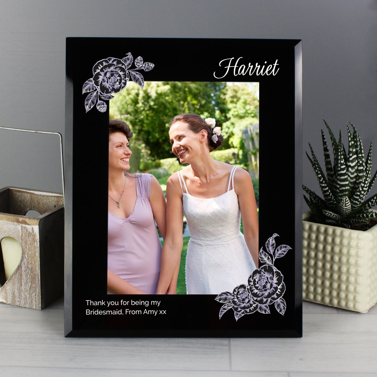Personalised Rose Sketch 5x7 Inch Black Glass Photo Frame