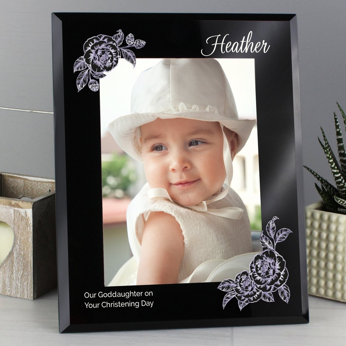 Personalised Rose Sketch 5x7 Inch Black Glass Photo Frame