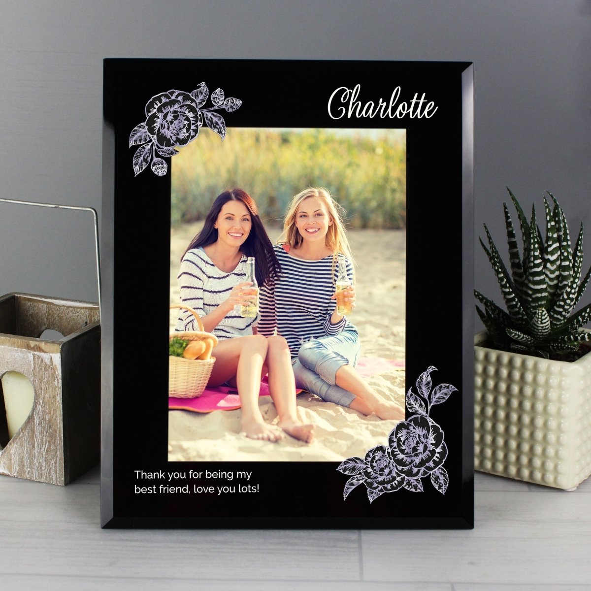 Personalised Rose Sketch 5x7 Inch Black Glass Photo Frame