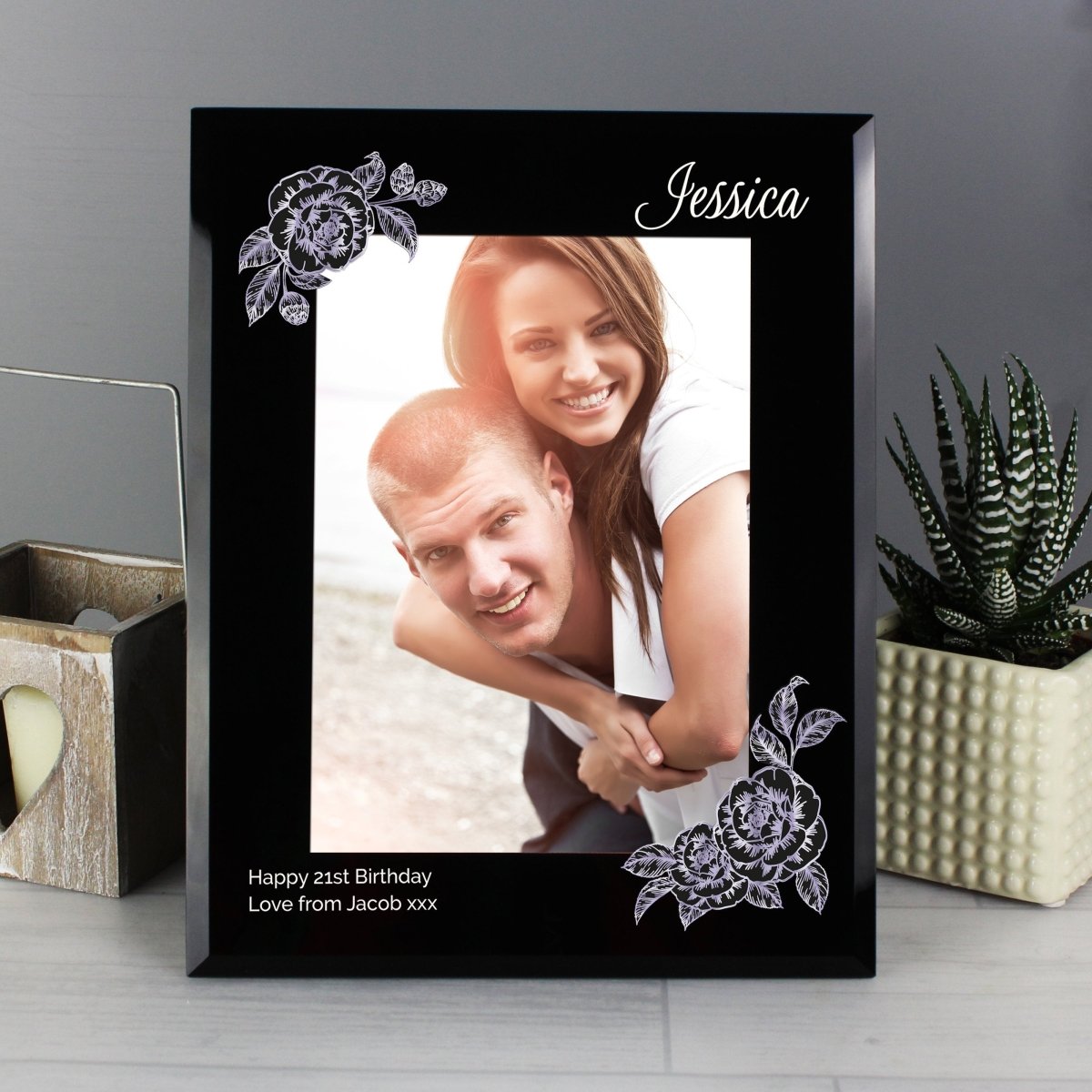 Personalised Rose Sketch 5x7 Inch Black Glass Photo Frame
