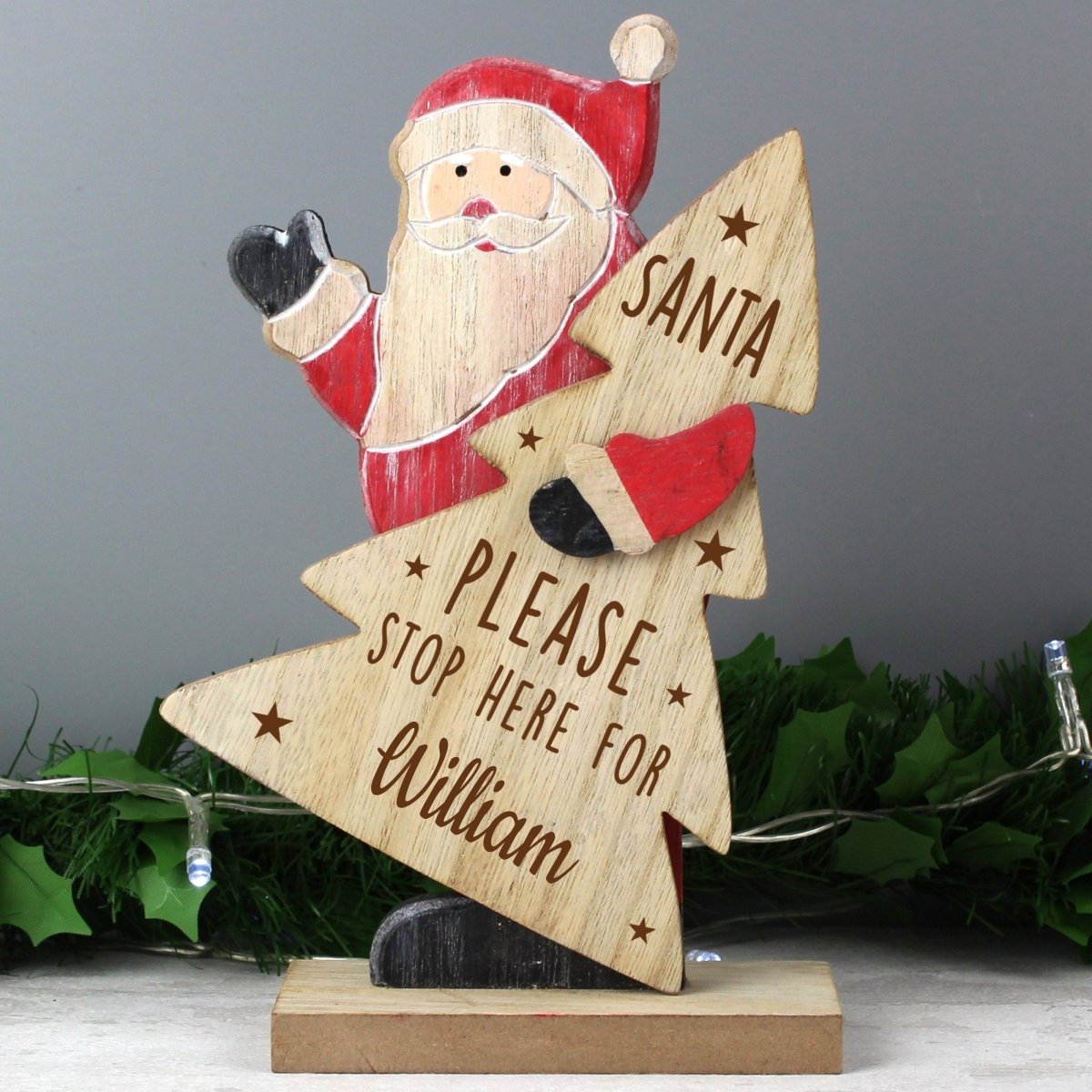 Personalised Santa Stop Here Wooden Santa Decoration