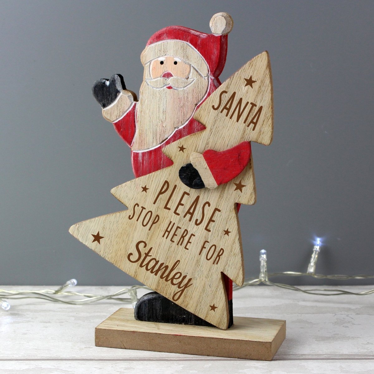 Personalised Santa Stop Here Wooden Santa Decoration