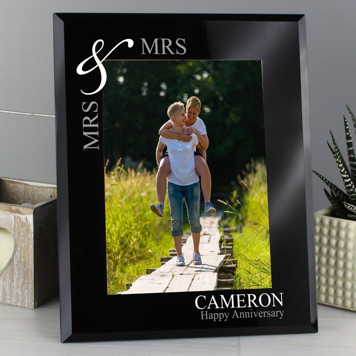 Personalised Silver Couples 5x7 Inch Black Glass Photo Frame