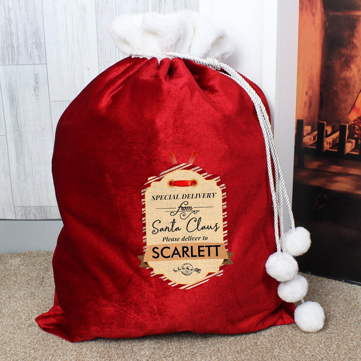 Personalised Special Delivery Luxury Pom Pom Red Children's Christmas Sack