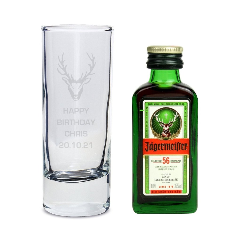Personalised Stag Shot Glass And Miniature Jagermeister