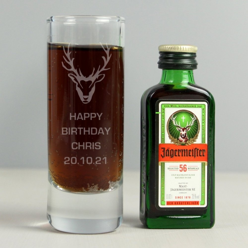 Personalised Stag Shot Glass And Miniature Jagermeister
