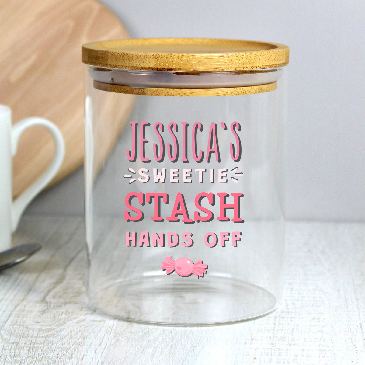 Personalised Sweetie Stash Glass Jar With Bamboo Lid