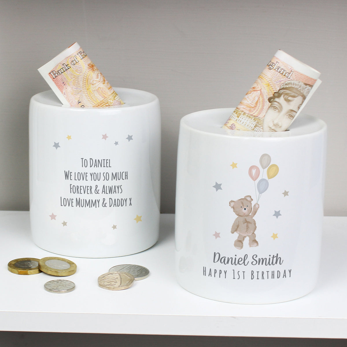Personalised Teddy & Balloons Money Box