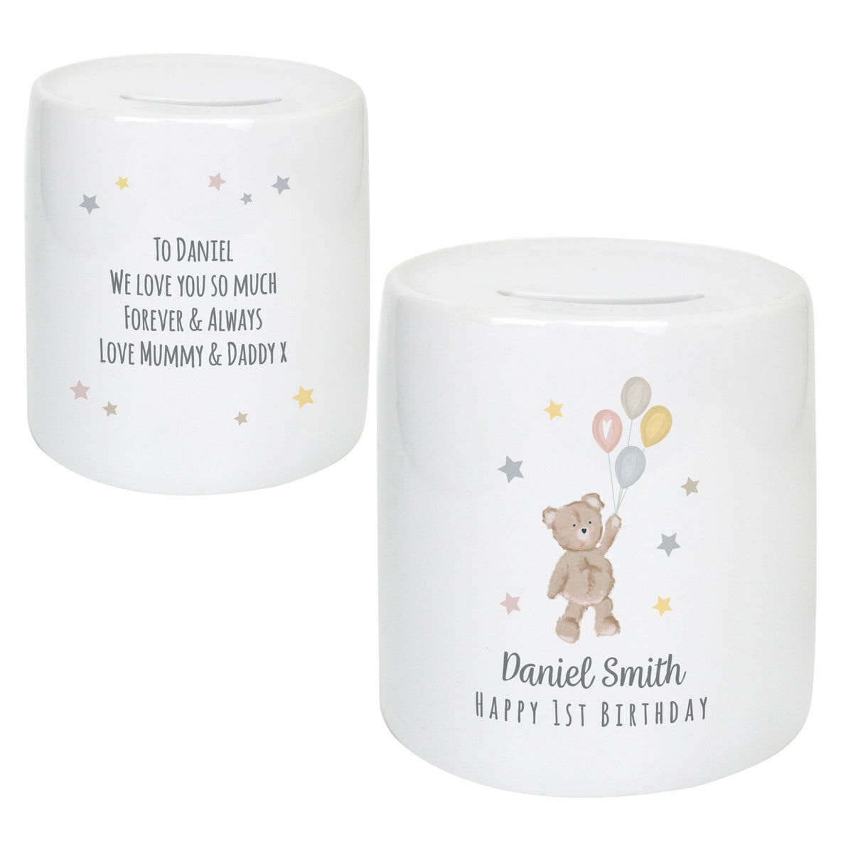 Personalised Teddy & Balloons Money Box
