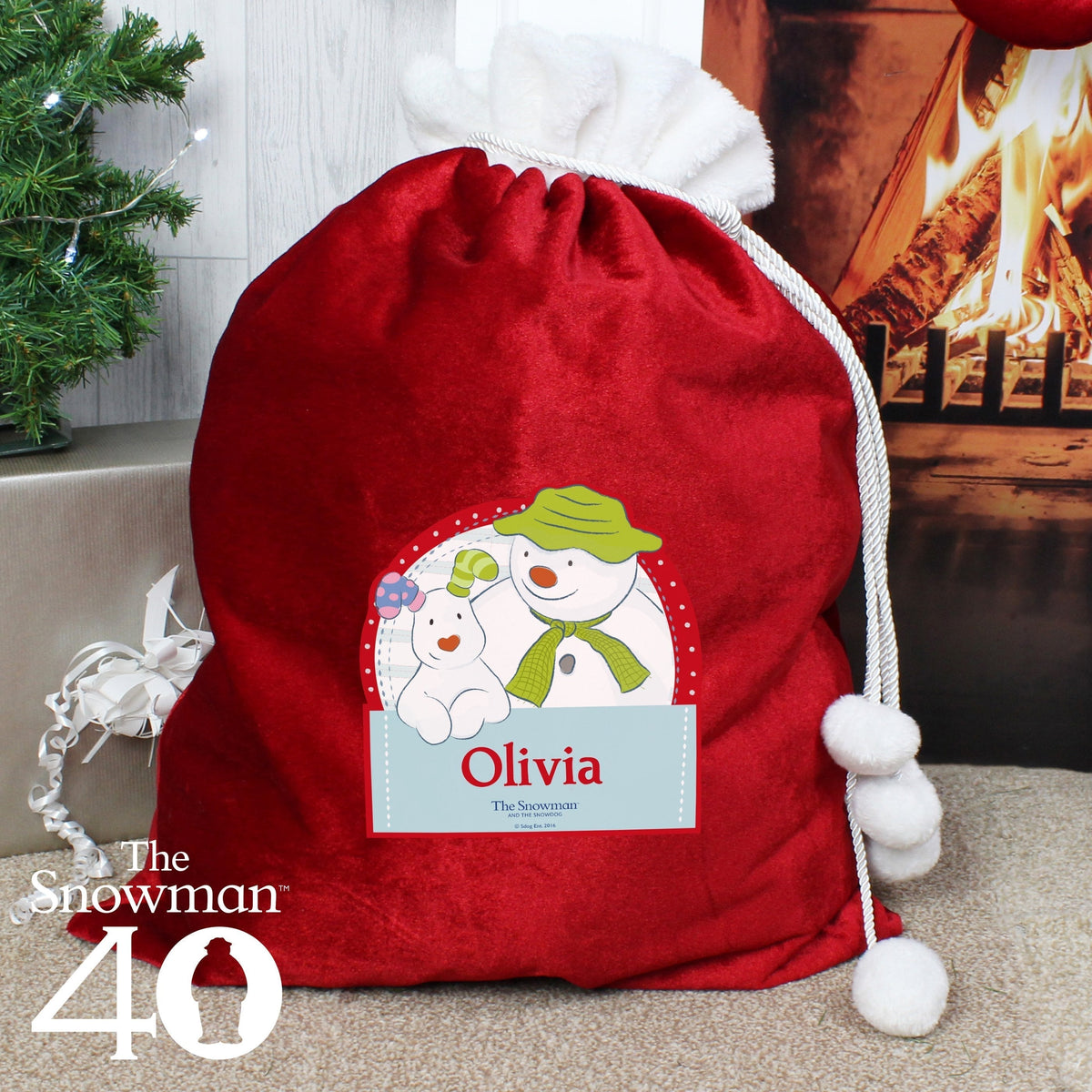 Personalised The Snowman And The Snowdog Luxury Pom Pom Children's Christmas Sack