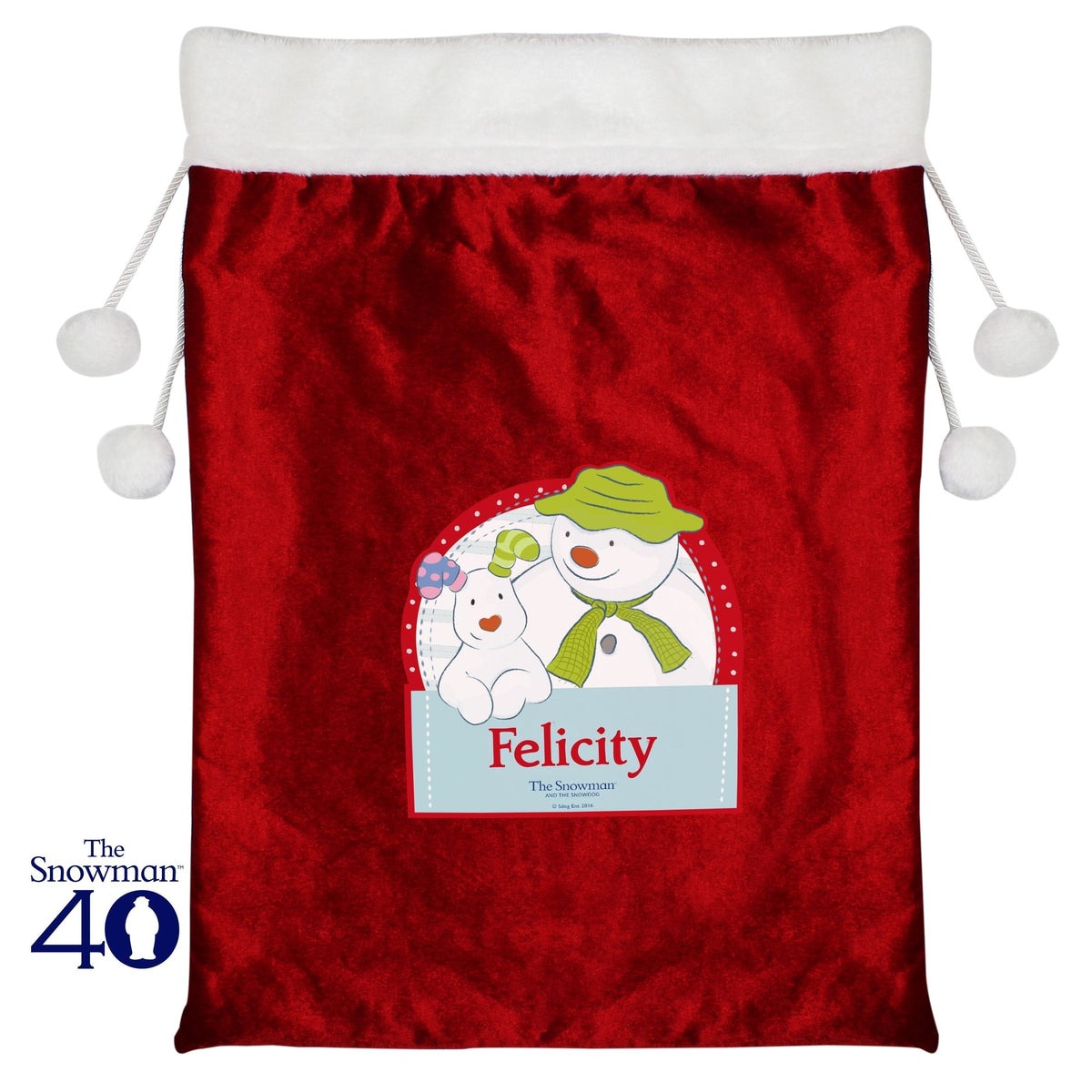 Personalised The Snowman And The Snowdog Luxury Pom Pom Children's Christmas Sack