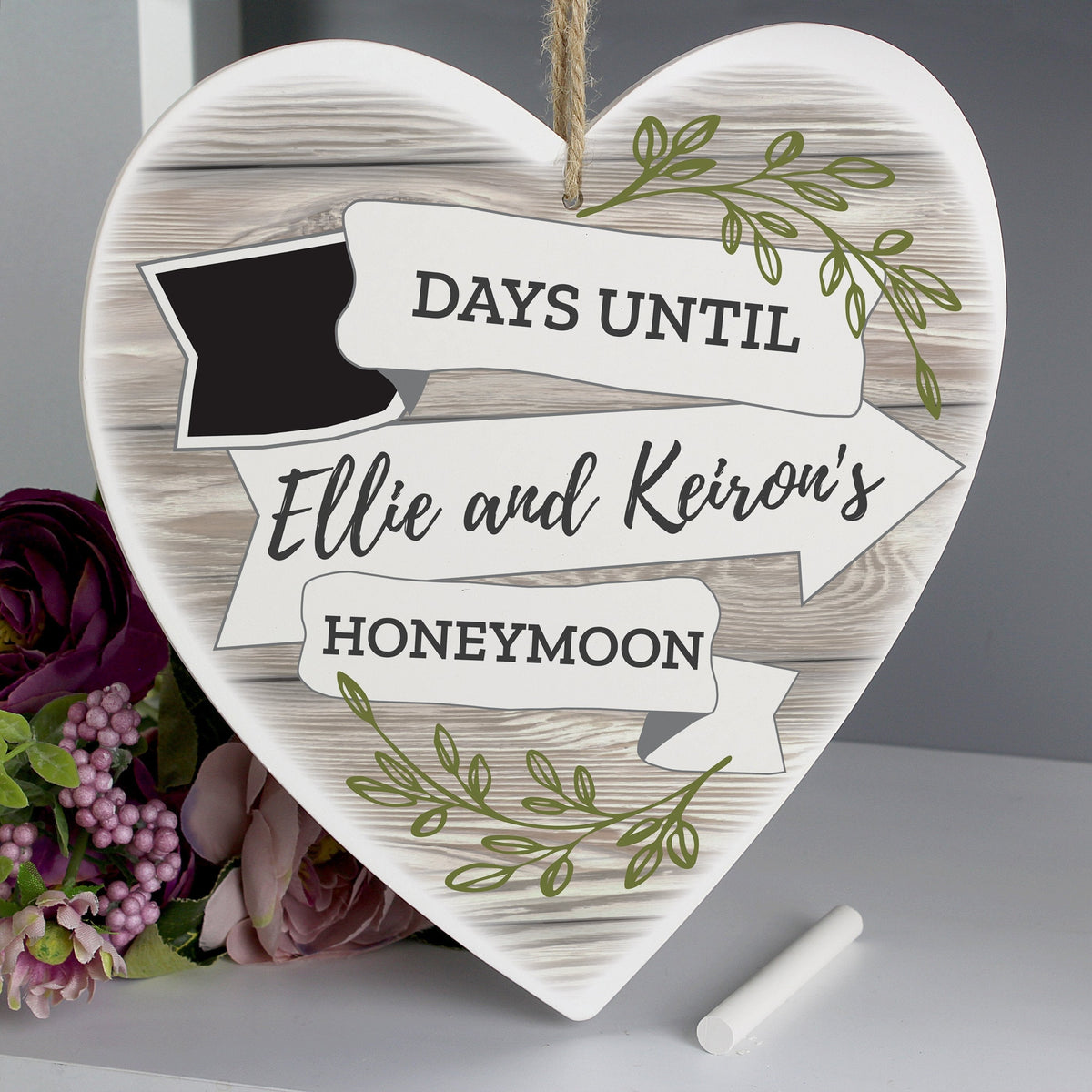Personalised White Arrow Banner Chalk Countdown Wooden Heart Decoration