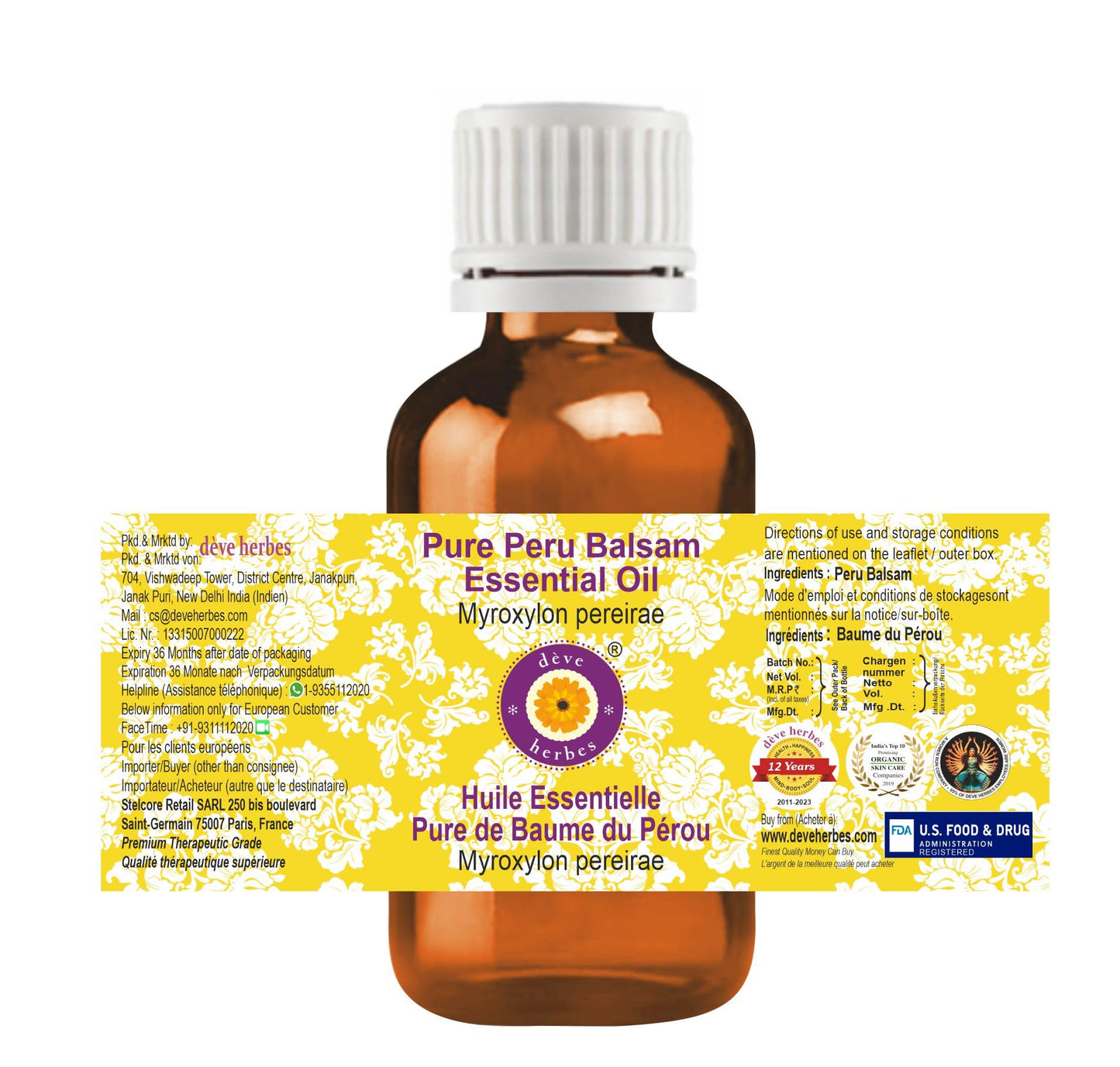 dève herbes Peru Balsam Essential Oil (Myroxylon pereirae) – Pure, Steam Distilled 15ml (0.5 oz) | Rich Aroma