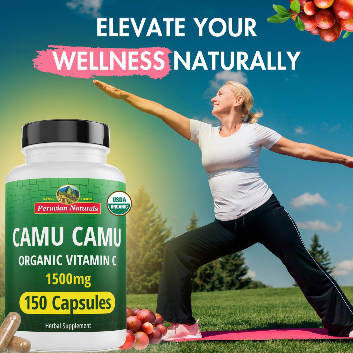 Peruvian Naturals Organic Vitamin C from Camu Camu Capsules 1,500mg - 300 Vegan Pills, Natural Vitamin C from Whole Food Camu Berry Organic, Non-GMO