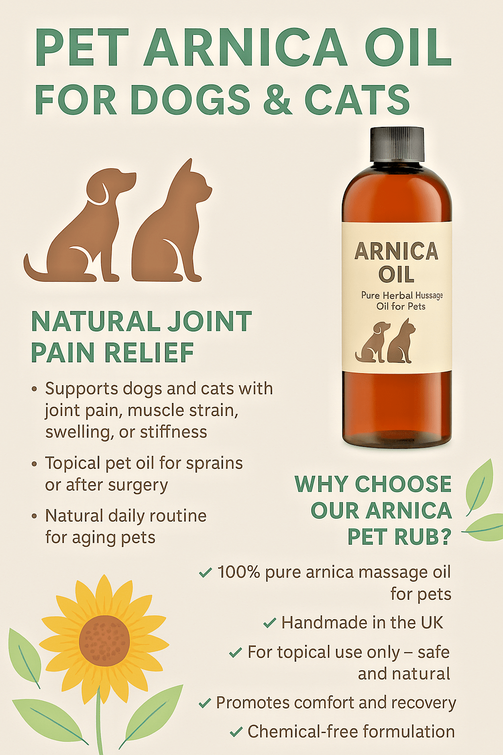 Pet Arnica Oil Natural Herbal Massage Oil for Dogs & Cats Handmade in Yorkshire