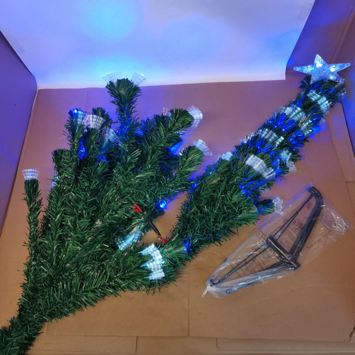 Artificial Christmas Tree 6ft Pre Lit 250 LED Fiber Optic Metal Stand Asinse