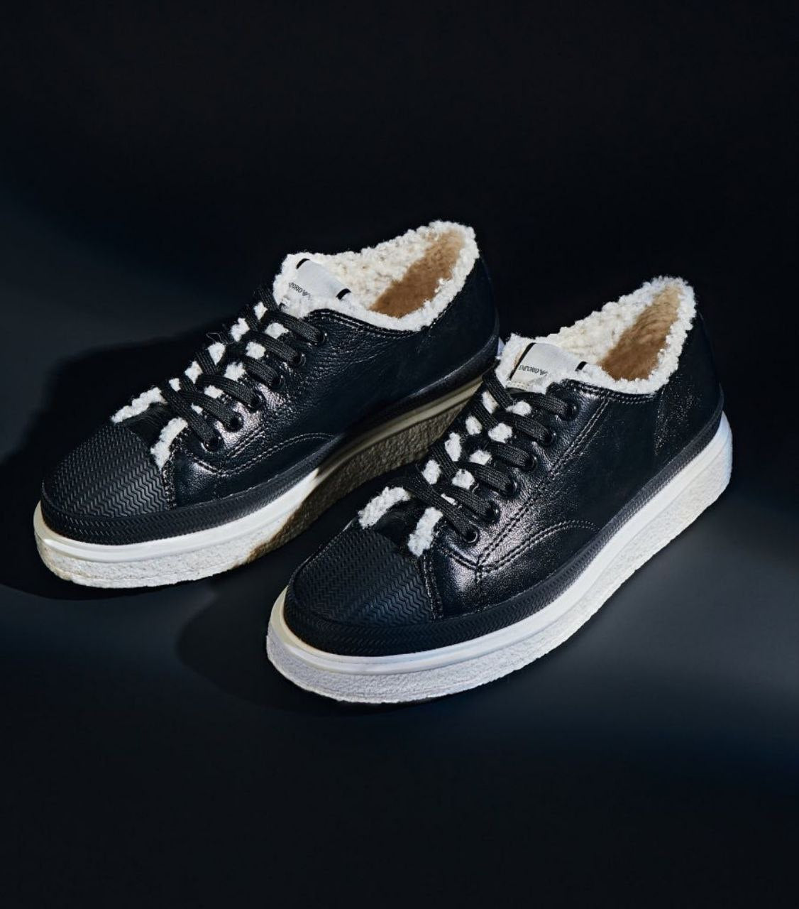 UK 5 Armani Black Leather Faux Fur Women’s Sneakers with Textured Sole – EU 38