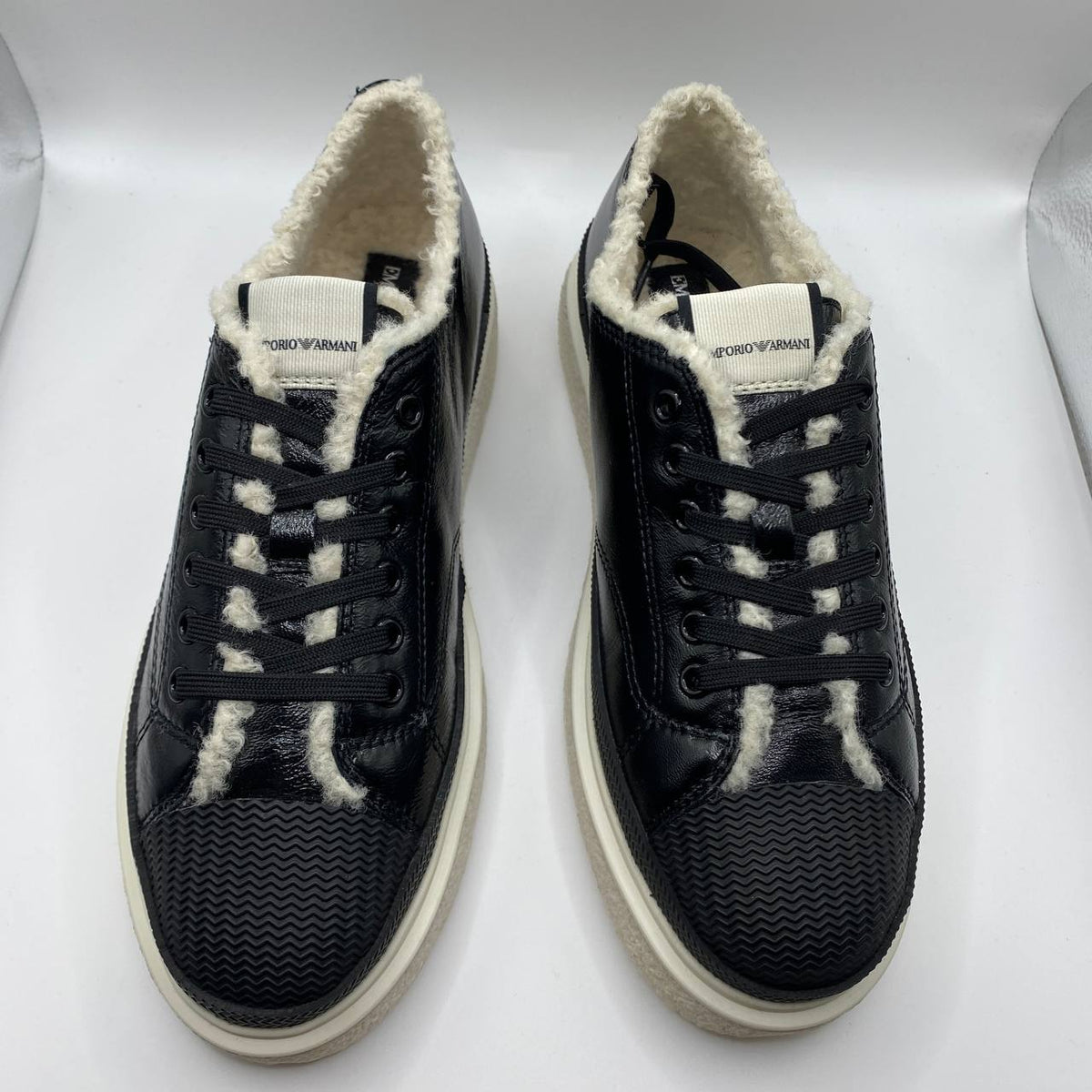 UK 5 Armani Black Leather Faux Fur Women’s Sneakers with Textured Sole – EU 38