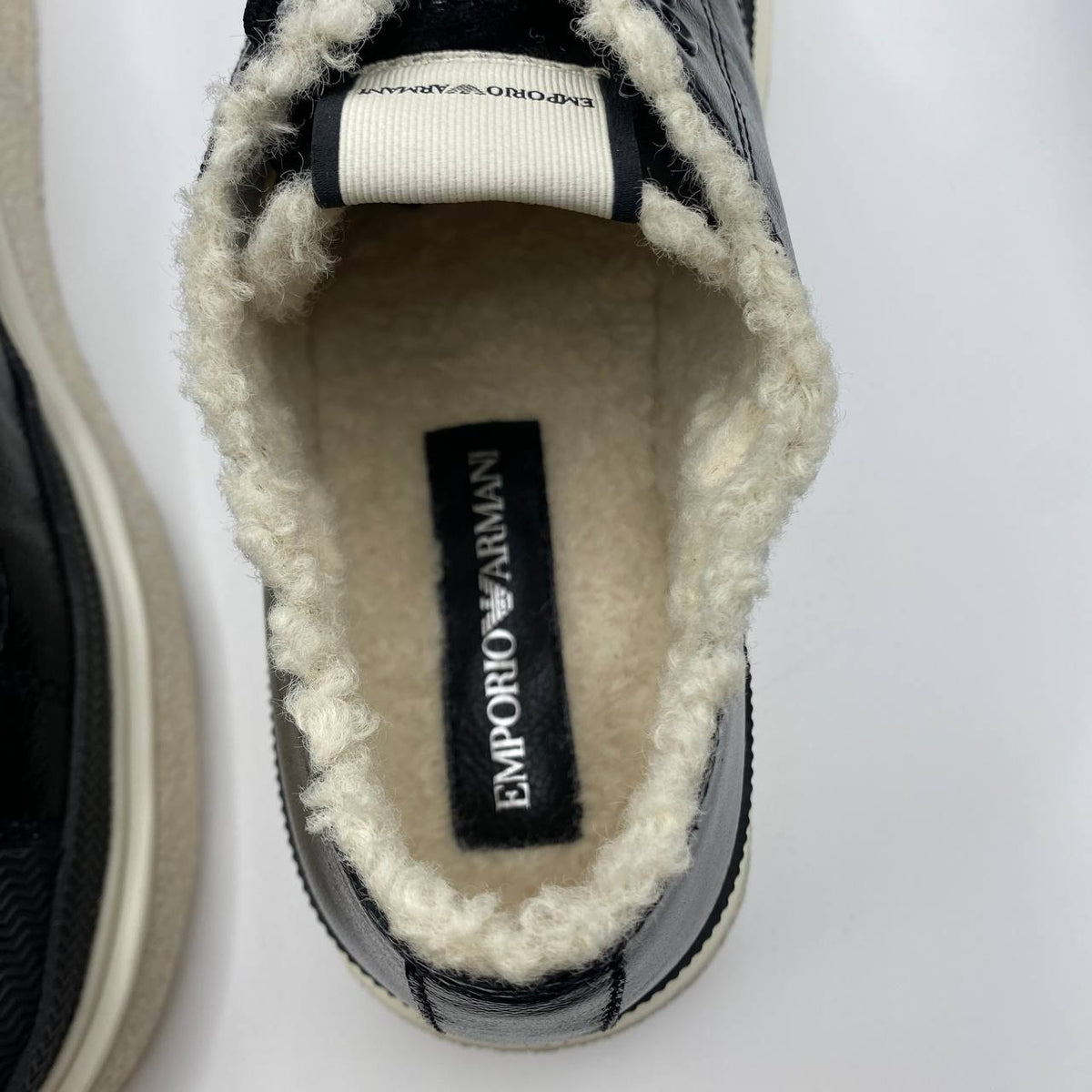 UK 5 Armani Black Leather Faux Fur Women’s Sneakers with Textured Sole – EU 38