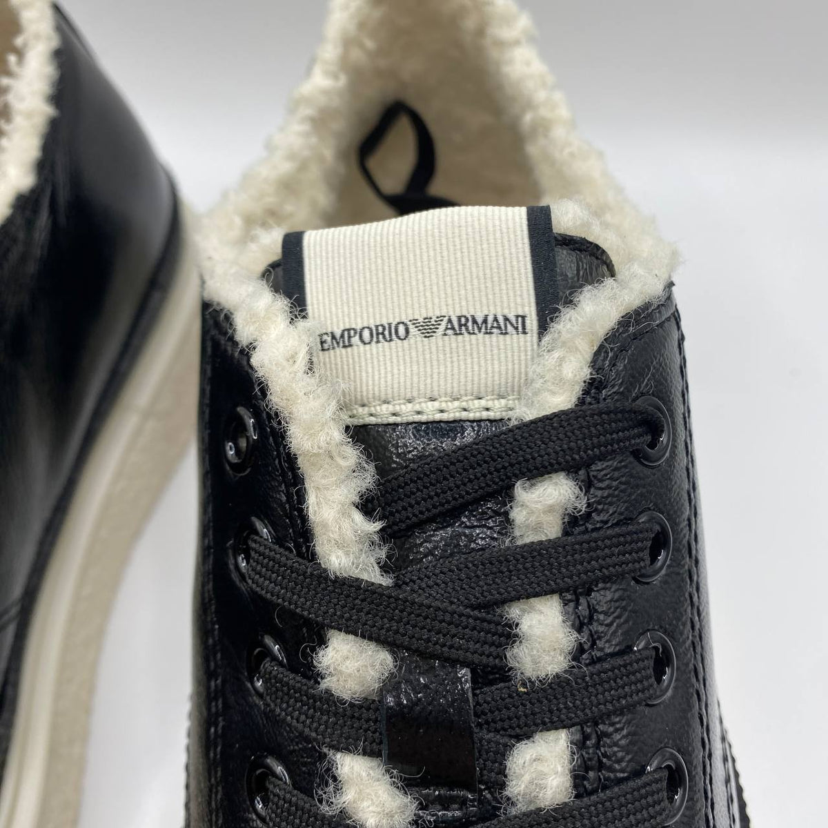 UK 5 Armani Black Leather Faux Fur Women’s Sneakers with Textured Sole – EU 38
