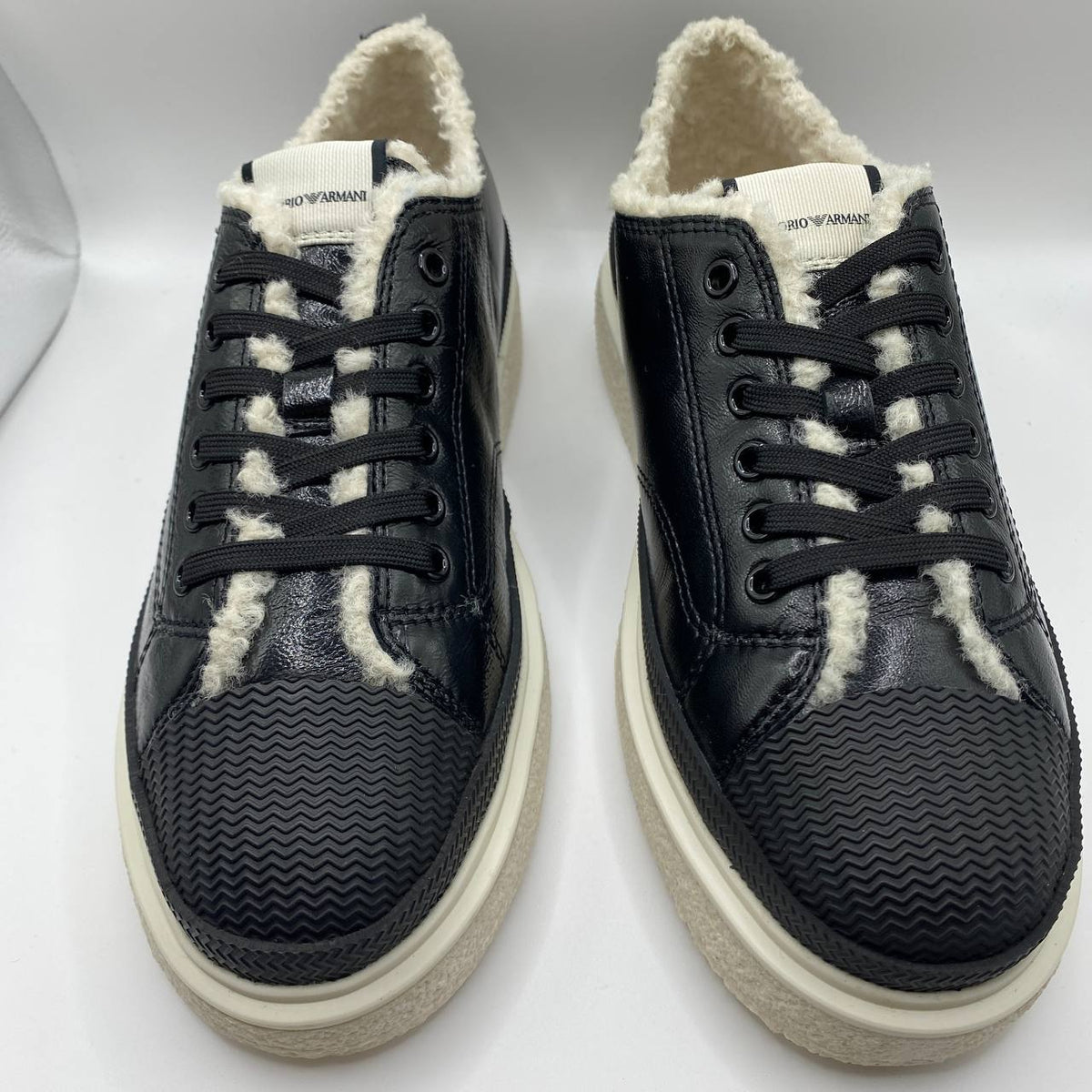 UK 5 Armani Black Leather Faux Fur Women’s Sneakers with Textured Sole – EU 38