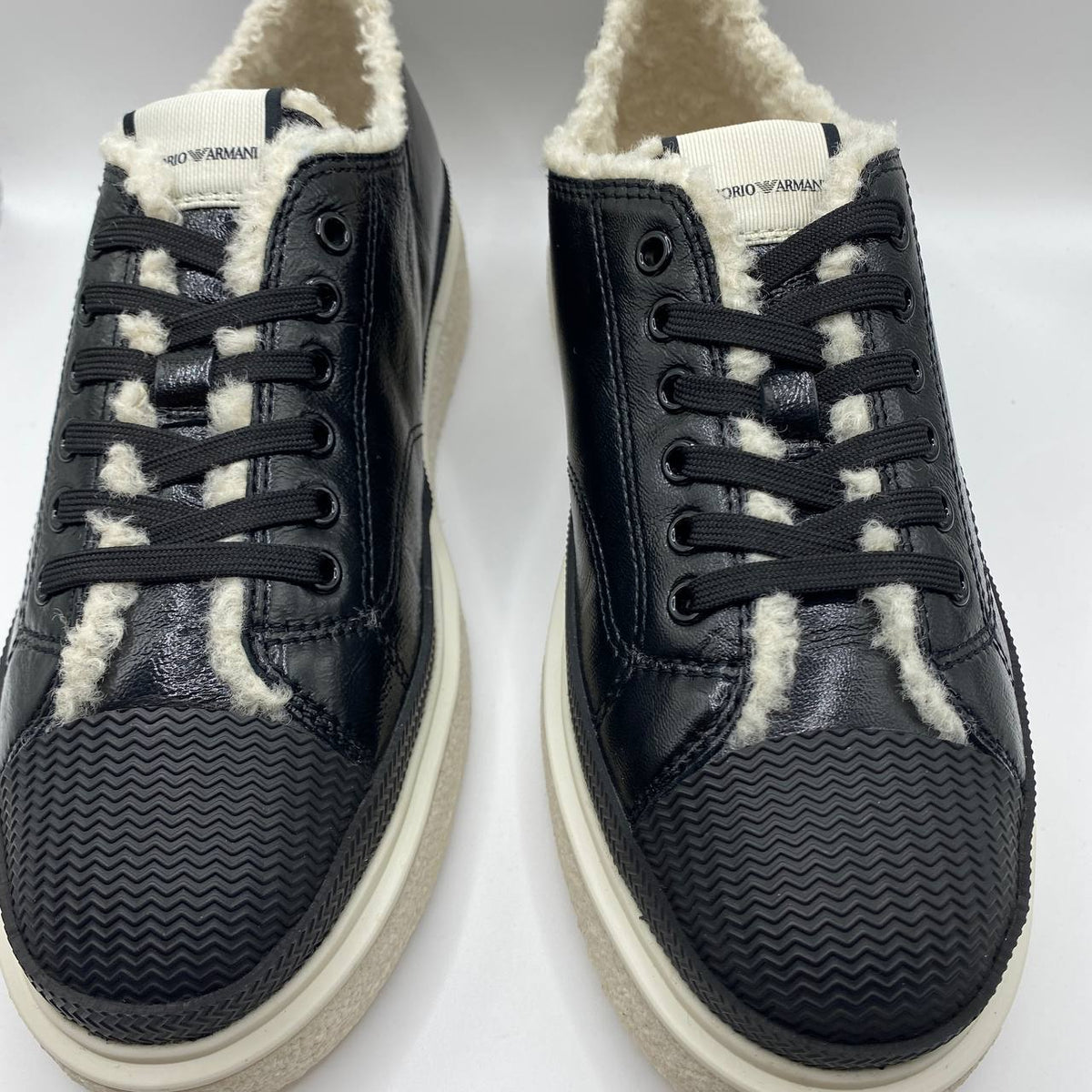 UK 5 Armani Black Leather Faux Fur Women’s Sneakers with Textured Sole – EU 38