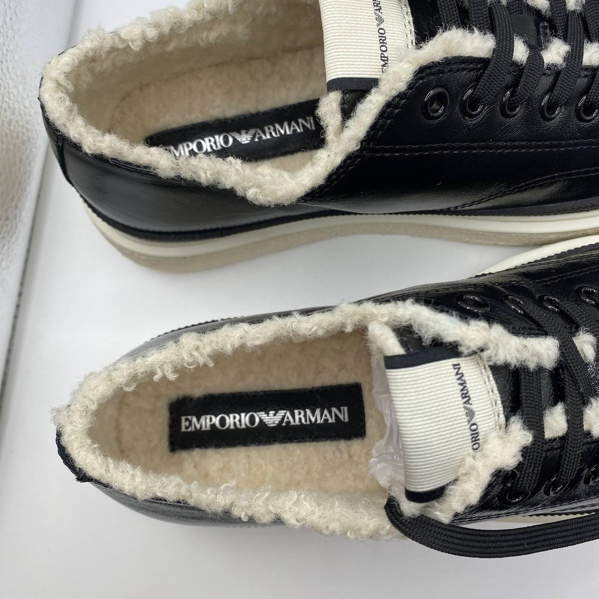 UK 5 Armani Black Leather Faux Fur Women’s Sneakers with Textured Sole – EU 38