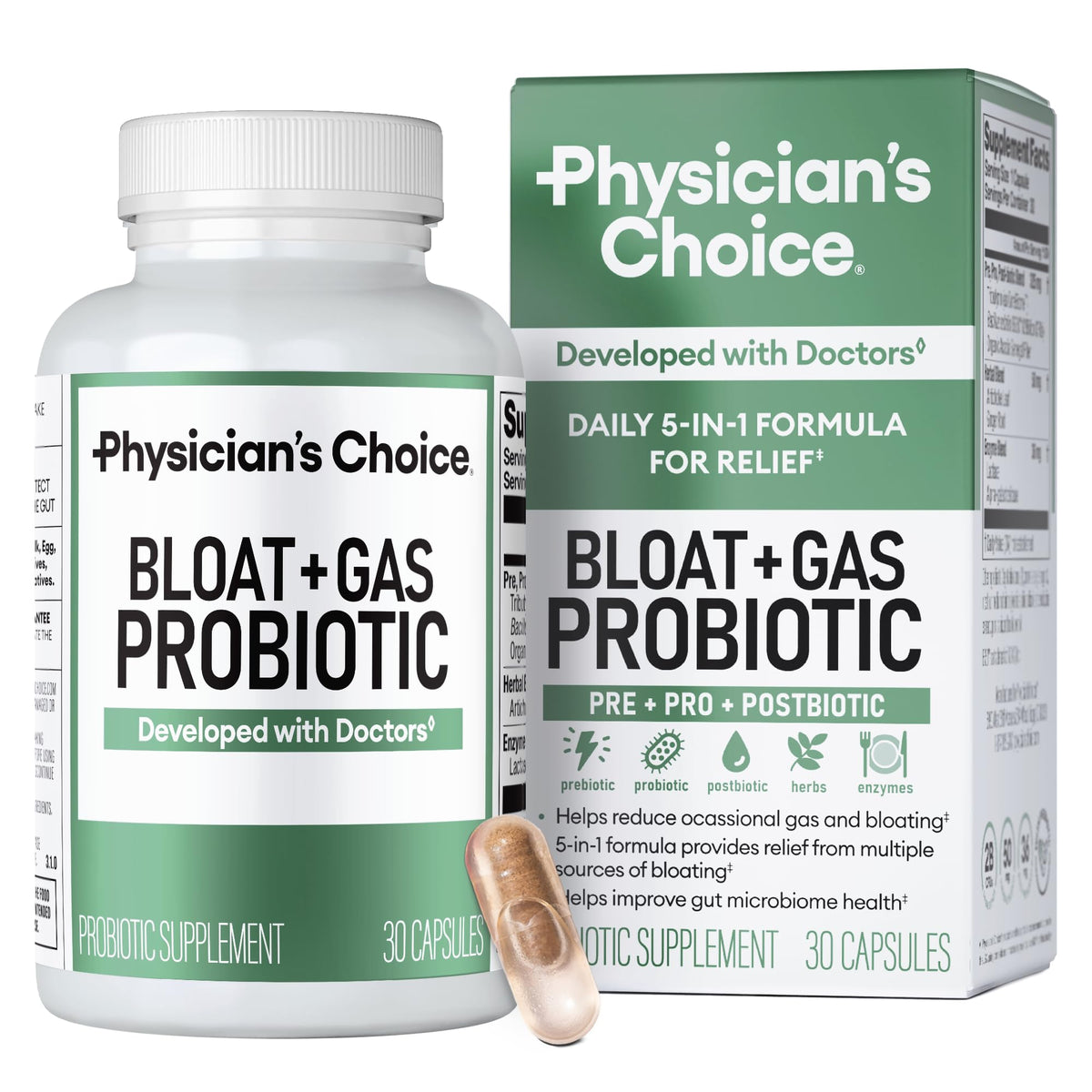 Physician's CHOICE Bloat & Gas Probiotic 30ct — 5-in-1 Digestive Support