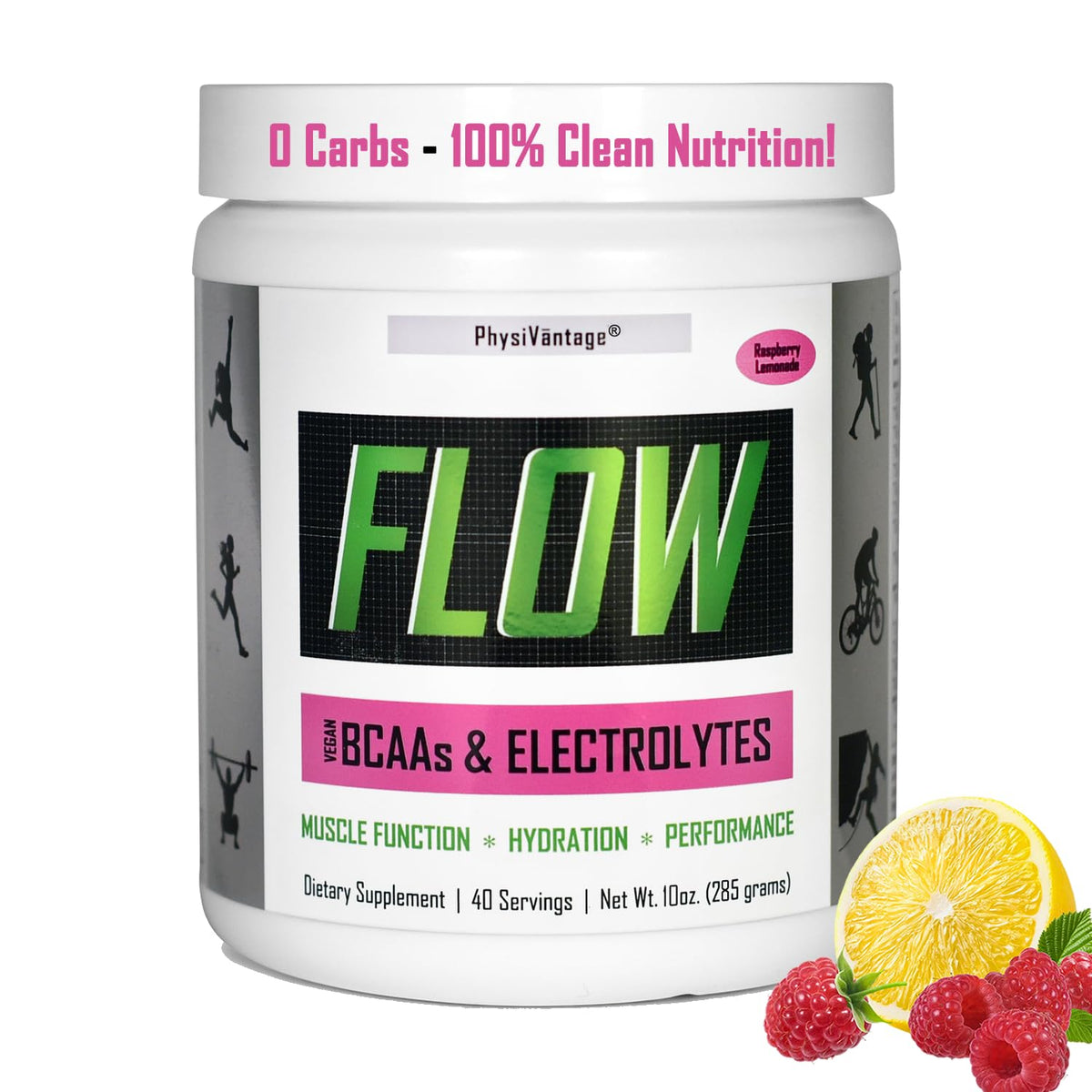 PhysiVantage Flow Electrolyte Powder with BCAAs - Sugar-Free Hydration & Muscle Recovery (Vegan, Keto) Raspberry Lemonade