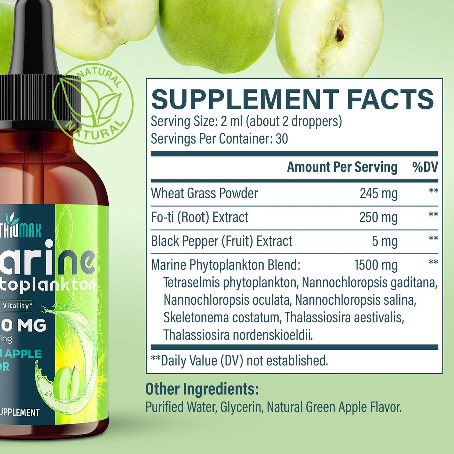 Marine Phytoplankton Drops 2000mg – High Absorption Phytoplankton with Wheatgrass & Fo-ti | Hair Growth, Immunity & Energy | Green Apple Flavor, 2 fl oz (Pack of 1)