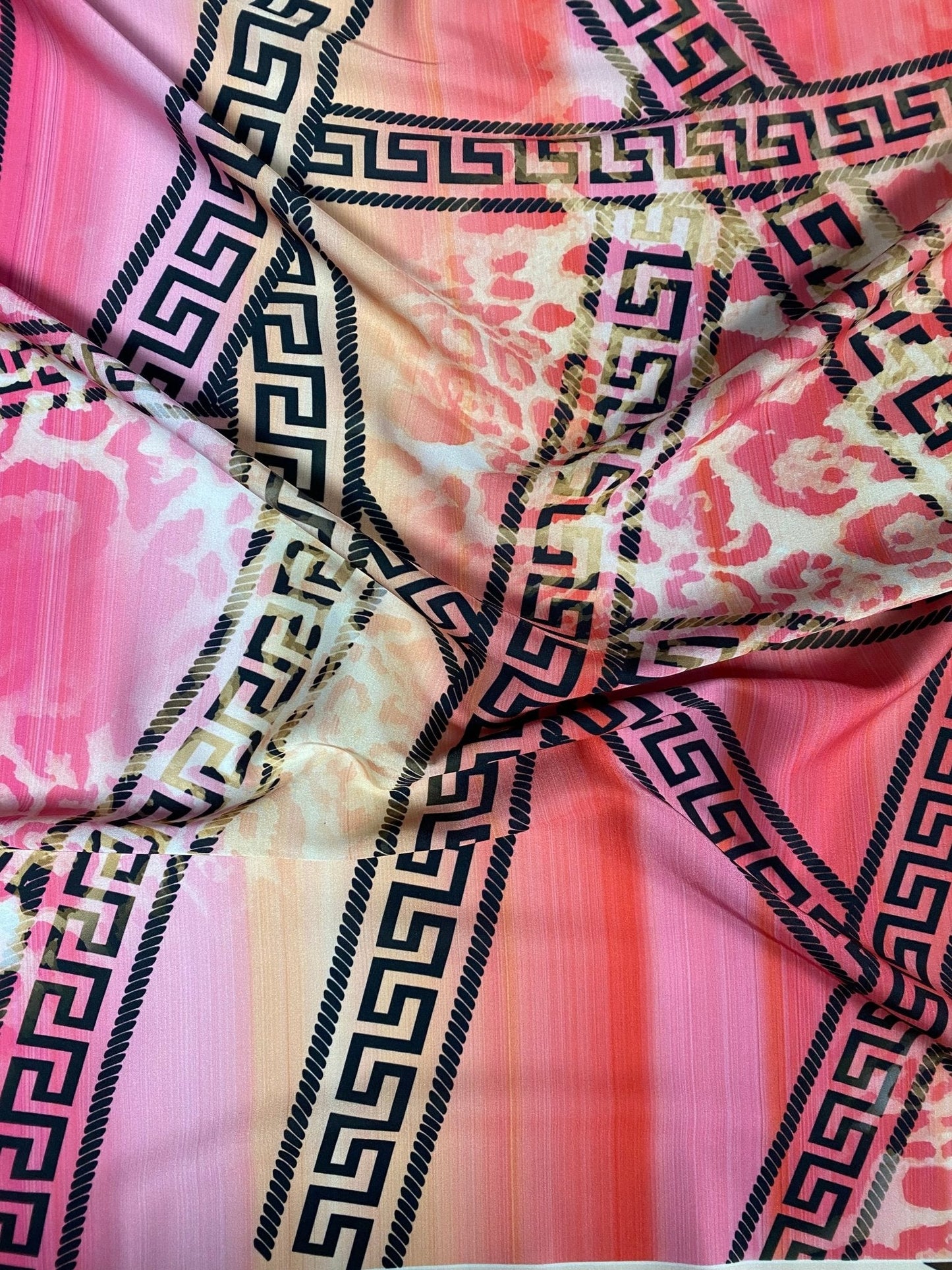 Pink Abstract Greek Key Fabric – Leopard & Stripe Design by the Metre