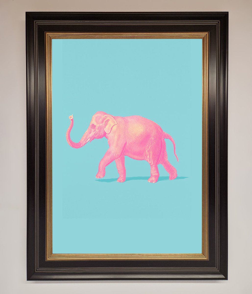 Pink Elephant On Blue Framed Print