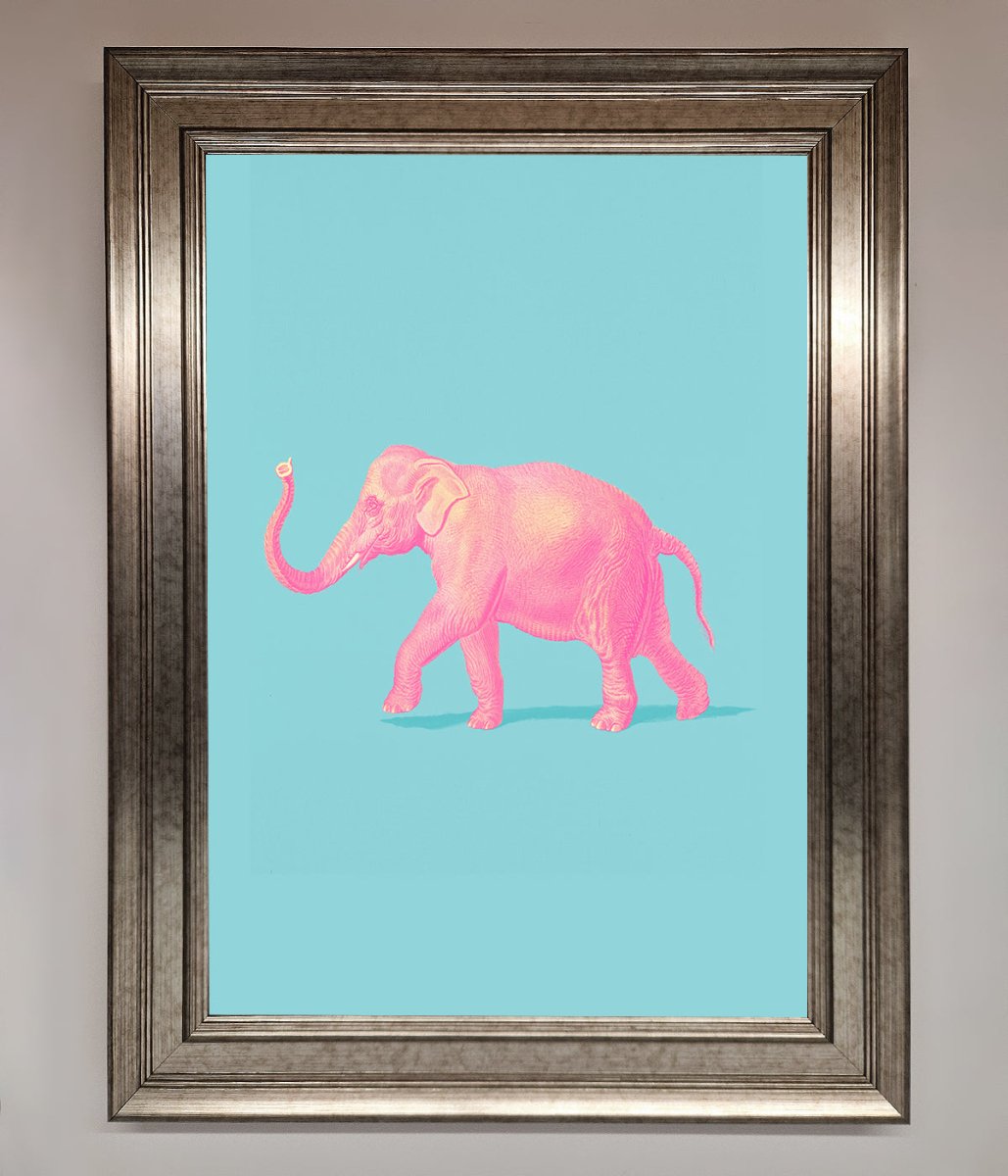 Pink Elephant On Blue Framed Print