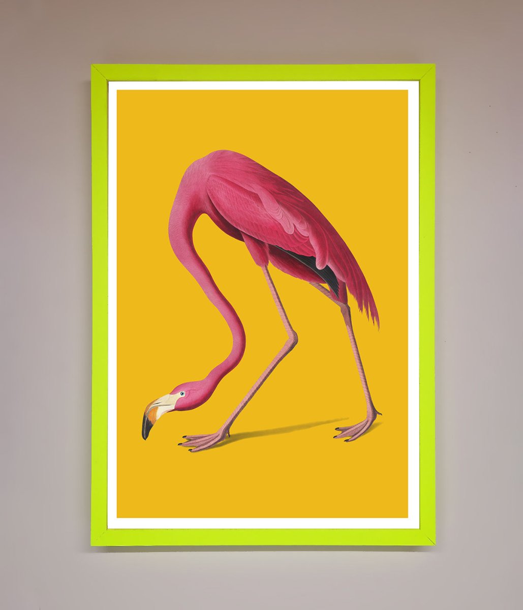 Pink Flamingo On Yellow Framed Print