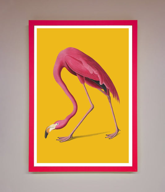 Pink Flamingo On Yellow Framed Print