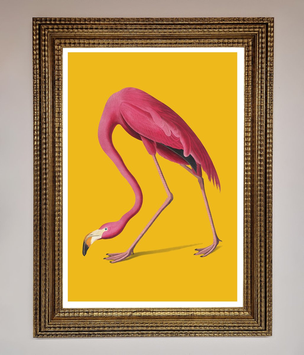 Pink Flamingo On Yellow Framed Print