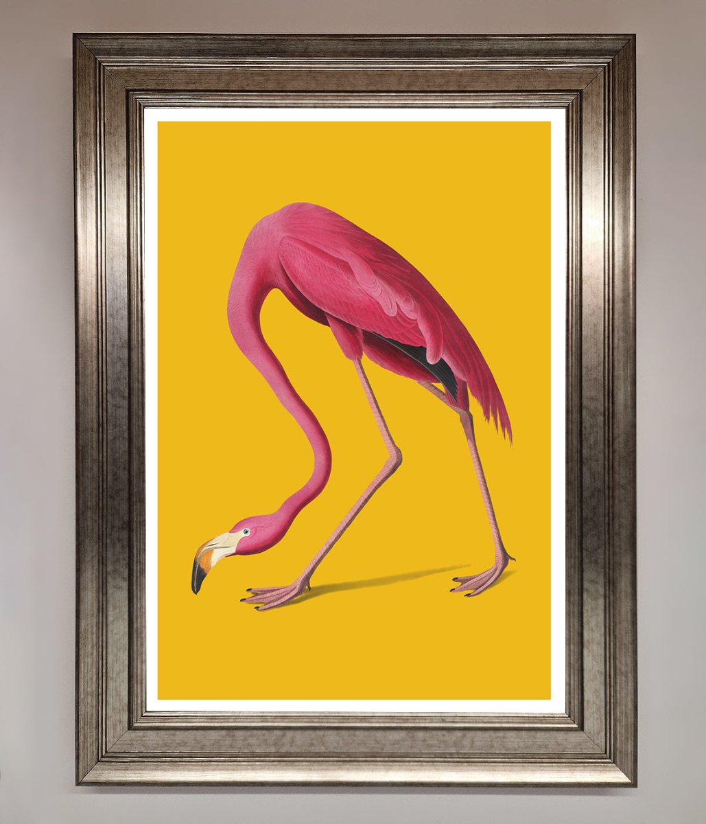 Pink Flamingo On Yellow Framed Print
