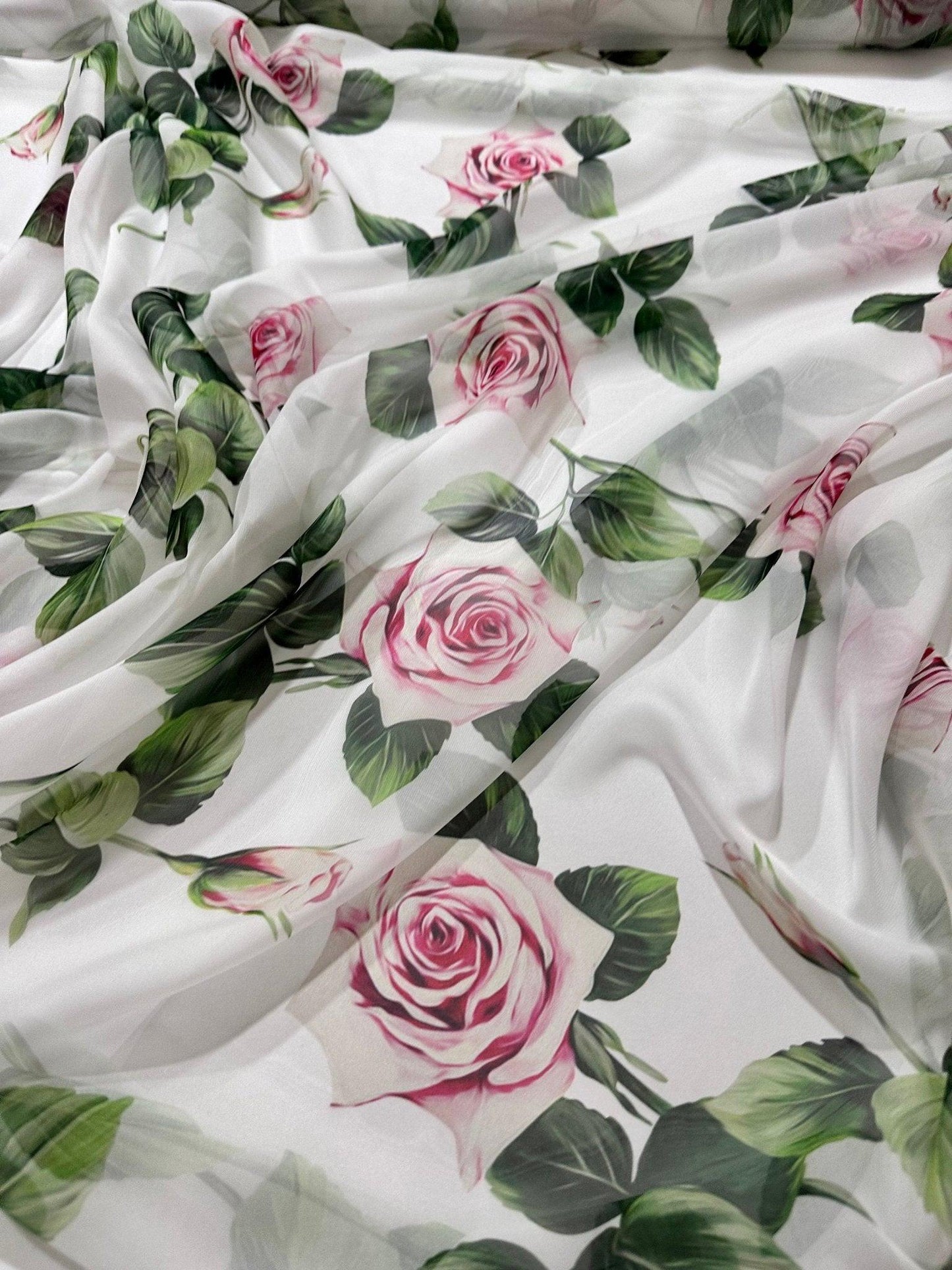 Pink Rose White Pattern Floral Fabric Sold by Metre