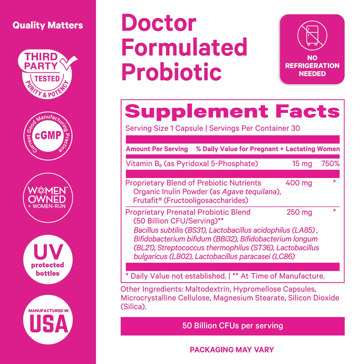 Pink Stork Prenatal Probiotic for Women - 50B CFUs, B6, Mint - 30 Caps
