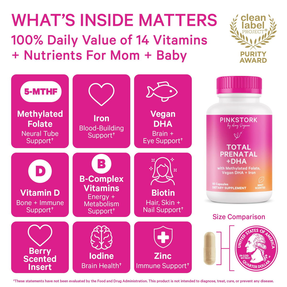 Pink Stork Total Prenatal Vitamins for Women – DHA, Folate & Iron (60 Count) | Doctor-Formulated