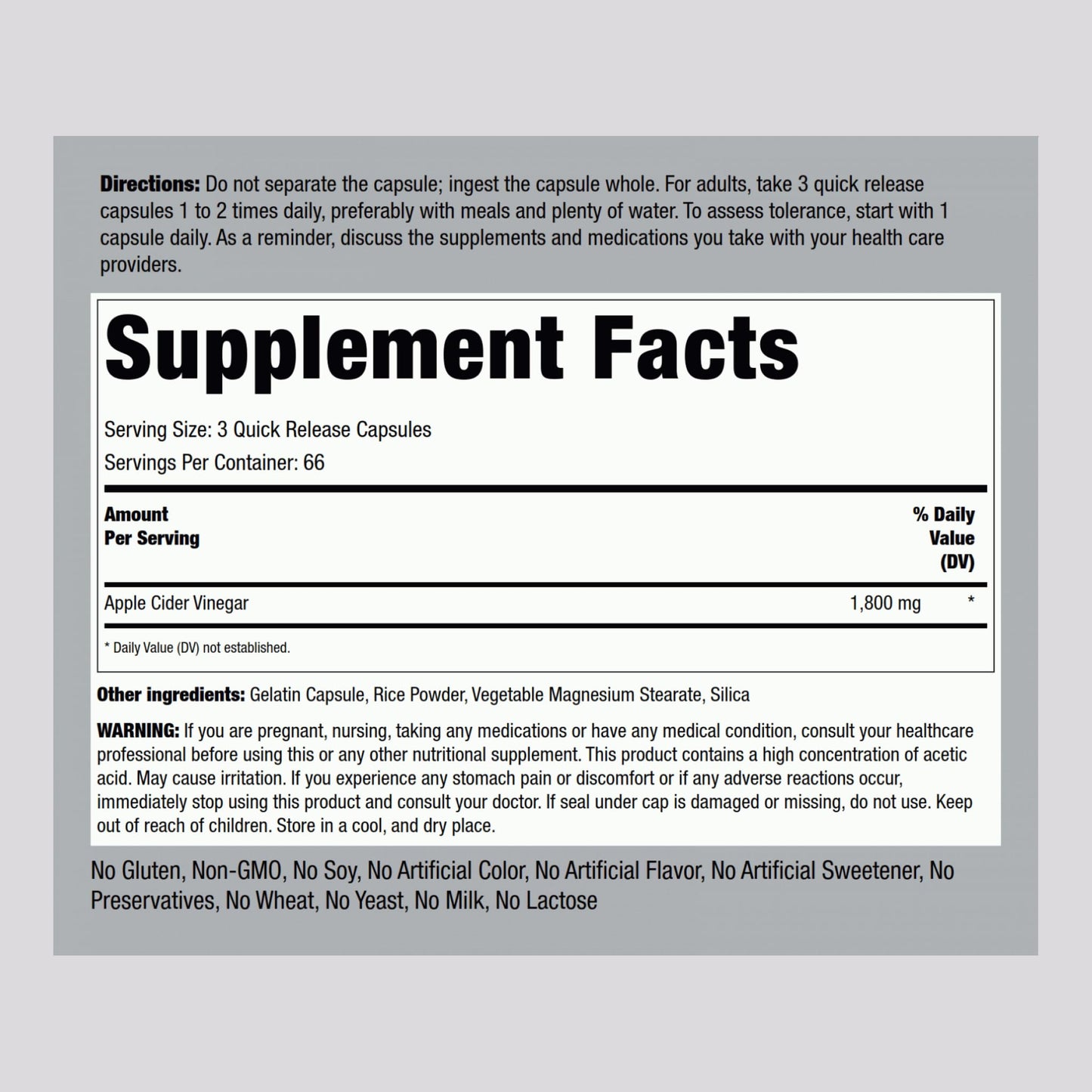Piping Rock Apple Cider Vinegar Capsules 1800 mg | 200 Pills | Pack of 2 | Non-GMO, Gluten Free
